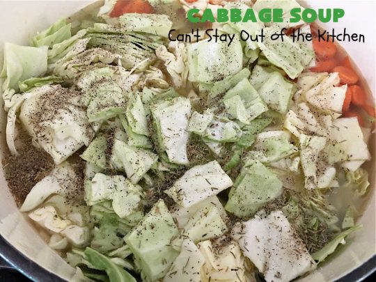 Cabbage Soup | Can't Stay Out of the Kitchen | This has got to be one of the best #CabbageSoup #recipes I've ever eaten! It can be whipped up in less than 45 minutes! It's #healthy, #LowCalorie & #GlutenFree. Great comfort food in fall or winter. #cabbage #StewedTomatoes #carrots