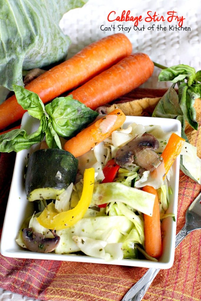 Cabbage Stir | Fry | Can't Stay Out of the Kitchen | this delicious #MeatlessMonday dish is filled with fresh veggies and herbs. Healthy, low calorie #clean-eating #glutenfree #vegan.