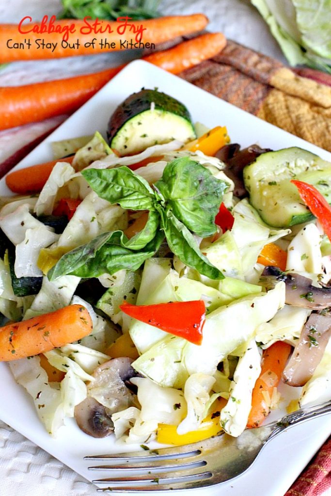Cabbage Stir | Fry | Can't Stay Out of the Kitchen | this delicious #MeatlessMonday dish is filled with fresh veggies and herbs. Healthy, low calorie #clean-eating #glutenfree #vegan.