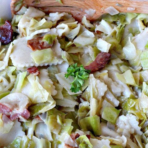 Cabbage and Noodles (Haluski) | Can't Stay Out of the Kitchen | we love this old-world #noodle dish. #Cabbage and onions are fried in #bacon and added to homemade #glutenfree noodles. (Regular #pasta can be substituted). Family favorite.