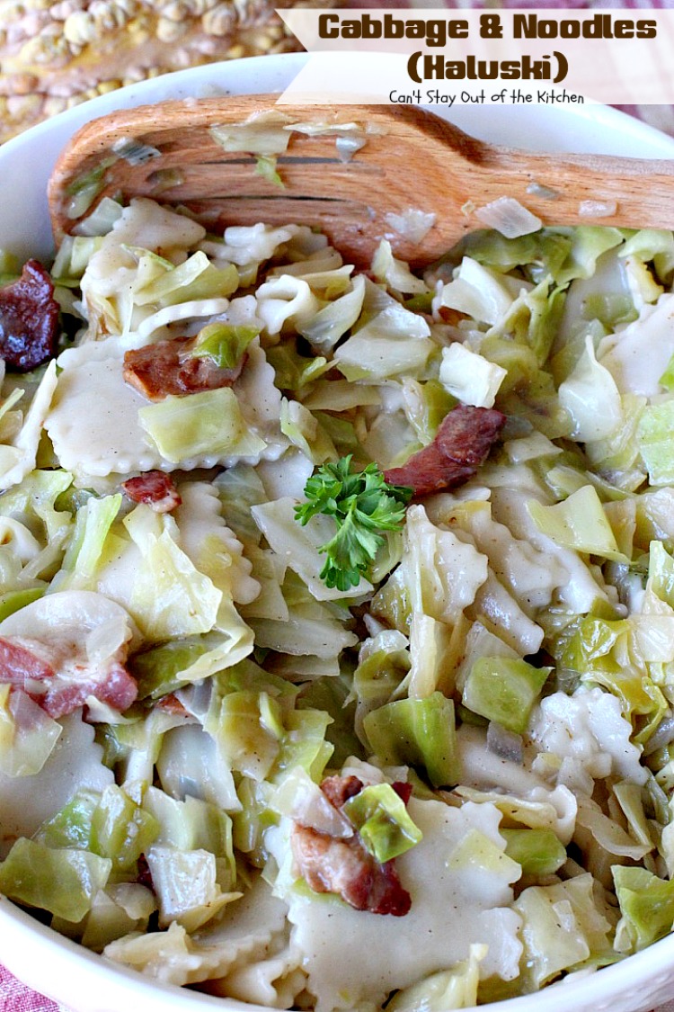 Cabbage and Noodles (Haluski) | Can't Stay Out of the Kitchen | we love this old-world #noodle dish. #Cabbage and onions are fried in #bacon and added to homemade #glutenfree noodles. (Regular #pasta can be substituted). Family favorite.