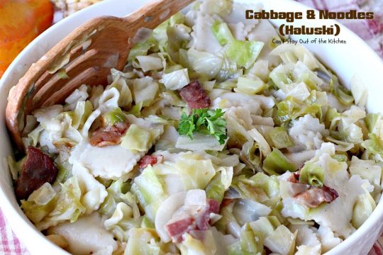 Cabbage and Noodles (Haluski) | Can't Stay Out of the Kitchen | we love this old-world #noodle dish. #Cabbage and onions are fried in #bacon and added to homemade #glutenfree noodles. (Regular #pasta can be substituted). Family favorite.