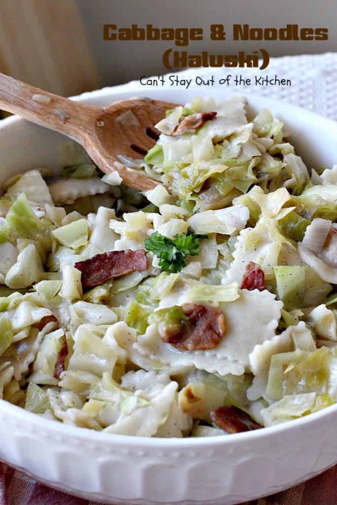 Cabbage and Noodles (Haluski) | Can't Stay Out of the Kitchen | we love this old-world #noodle dish. #Cabbage and onions are fried in #bacon and added to homemade #glutenfree noodles. (Regular #pasta can be substituted). Family favorite.