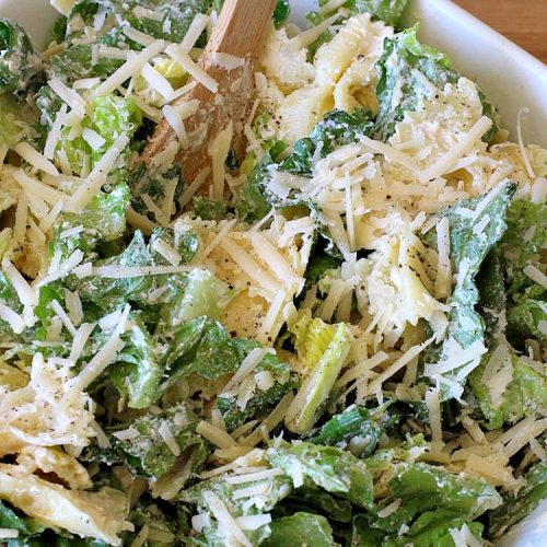 Caesar Pasta Salad | Can't Stay Out of the Kitchen | this is a terrific variation on traditional #CaesarSalad #recipes that includes bow-tie #pasta & a quick & easy homemade #SaladDressing. Great for potlucks & backyard BBQs. #salad #PastaSalad #ParmesanCheese #CaesarPastaSalad