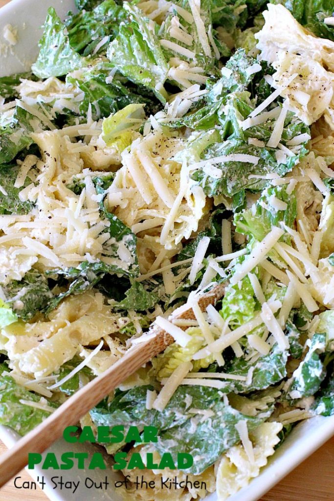 Caesar Pasta Salad | Can't Stay Out of the Kitchen | this is a terrific variation on traditional #CaesarSalad #recipes that includes bow-tie #pasta & a quick & easy homemade #SaladDressing. Great for potlucks & backyard BBQs. #salad #PastaSalad #ParmesanCheese #CaesarPastaSalad