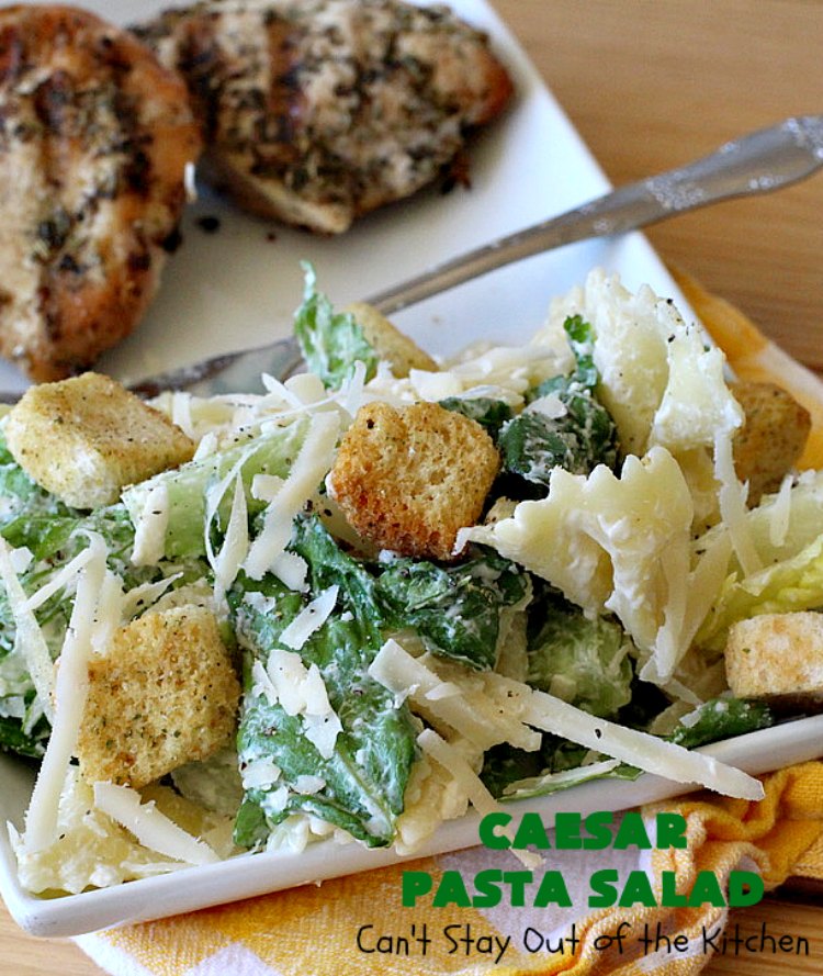 Caesar Pasta Salad | Can't Stay Out of the Kitchen | this is a terrific variation on traditional #CaesarSalad #recipes that includes bow-tie #pasta & a quick & easy homemade #SaladDressing. Great for potlucks & backyard BBQs. #salad #PastaSalad #ParmesanCheese #CaesarPastaSalad