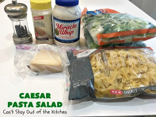 Caesar Pasta Salad | Can't Stay Out of the Kitchen | this is a terrific variation on traditional #CaesarSalad #recipes that includes bow-tie #pasta & a quick & easy homemade #SaladDressing. Great for potlucks & backyard BBQs. #salad #PastaSalad #ParmesanCheese #CaesarPastaSalad