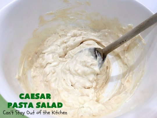 Caesar Pasta Salad | Can't Stay Out of the Kitchen | this is a terrific variation on traditional #CaesarSalad #recipes that includes bow-tie #pasta & a quick & easy homemade #SaladDressing. Great for potlucks & backyard BBQs. #salad #PastaSalad #ParmesanCheese #CaesarPastaSalad