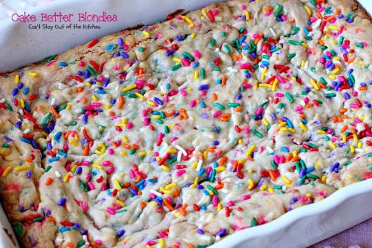 Cake Batter Blondies | Can't Stay Out of the Kitchen | the most awesome blondies ever! These are filled with #whitechocolatechips & #rainbowsprinkles for a heavenly taste you'll be drooling over! #chocolate #dessert