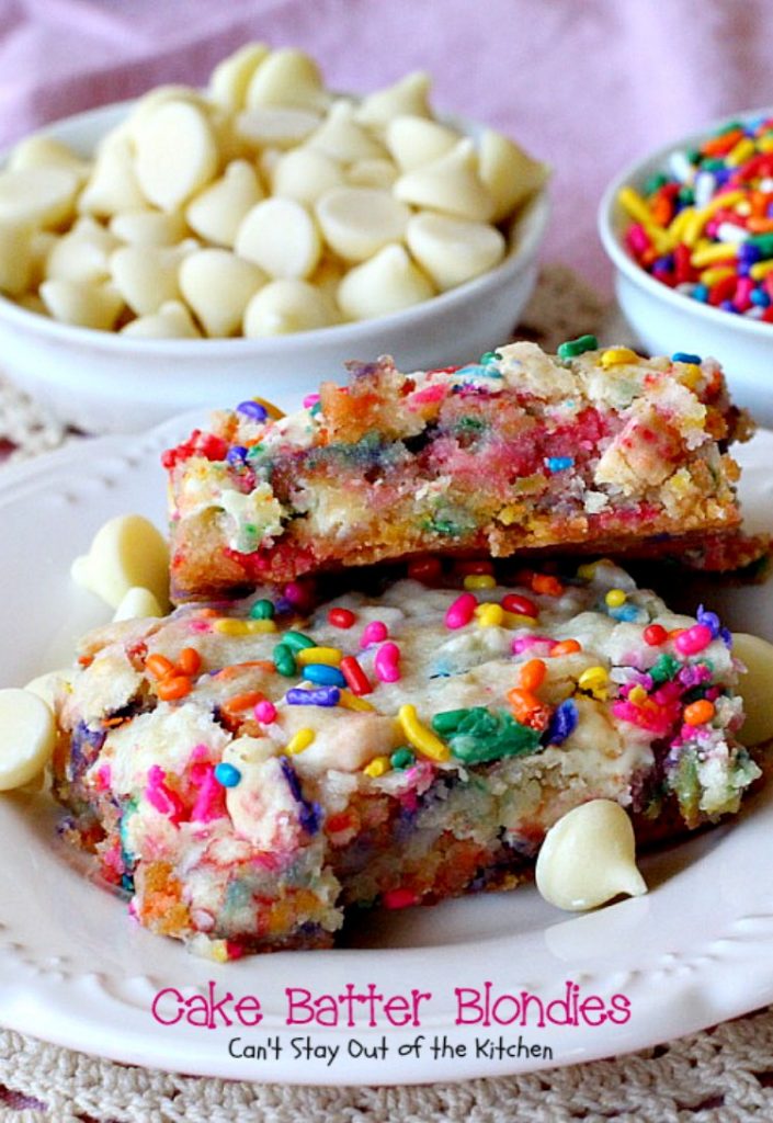 Cake Batter Blondies | Can't Stay Out of the Kitchen | the most awesome blondies ever! These are filled with #whitechocolatechips & #rainbowsprinkles for a heavenly taste you'll be drooling over! #chocolate #dessert