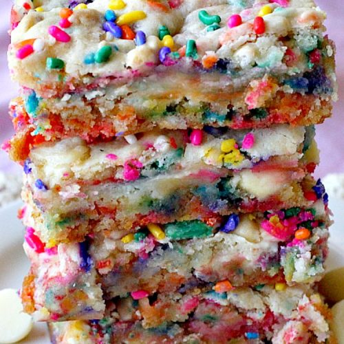 Cake Batter Blondies | Can't Stay Out of the Kitchen | the most awesome blondies ever! These are filled with #whitechocolatechips & #rainbowsprinkles for a heavenly taste you'll be drooling over! #chocolate #dessert