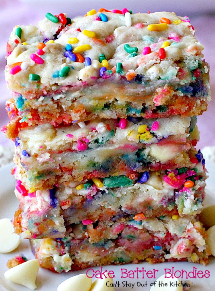 Cake Batter Blondies | Can't Stay Out of the Kitchen | the most awesome blondies ever! These are filled with #whitechocolatechips & #rainbowsprinkles for a heavenly taste you'll be drooling over! #chocolate #dessert