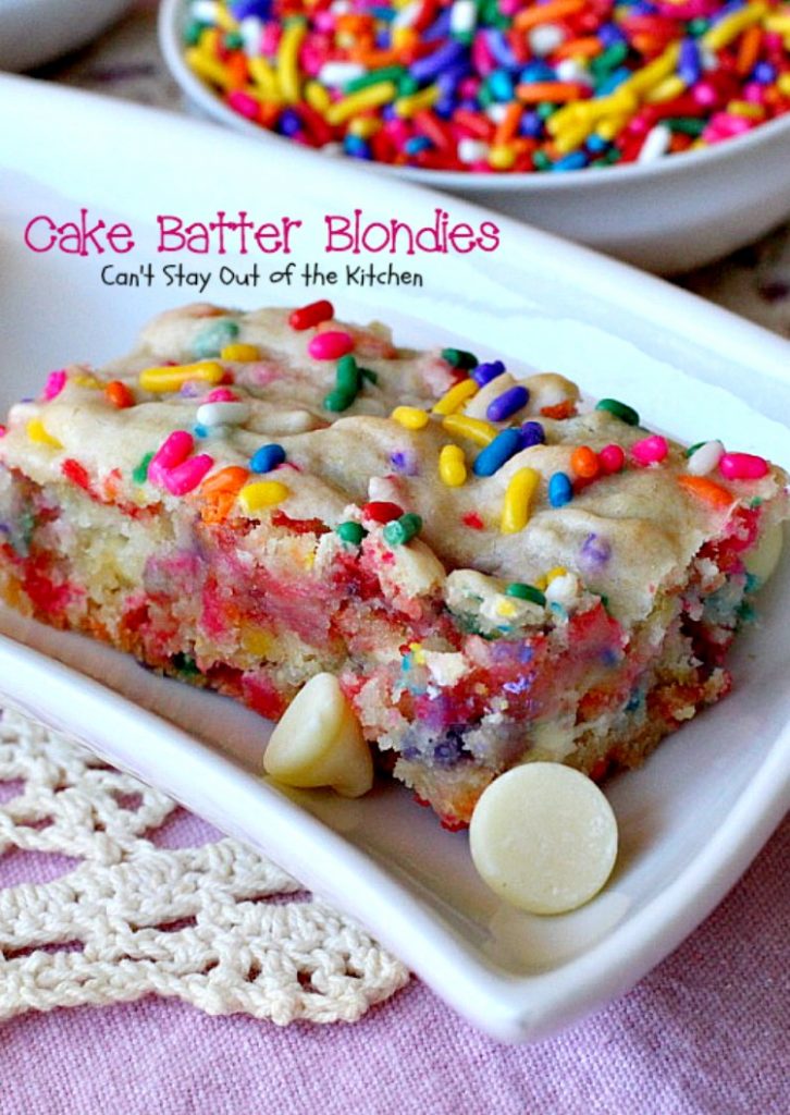Cake Batter Blondies | Can't Stay Out of the Kitchen | the most awesome blondies ever! These are filled with #whitechocolatechips & #rainbowsprinkles for a heavenly taste you'll be drooling over! #chocolate #dessert