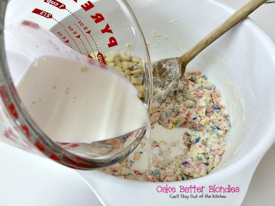 Cake Batter Blondies | Can't Stay Out of the Kitchen | the most awesome blondies ever! These are filled with #whitechocolatechips & #rainbowsprinkles for a heavenly taste you'll be drooling over! #chocolate #dessert