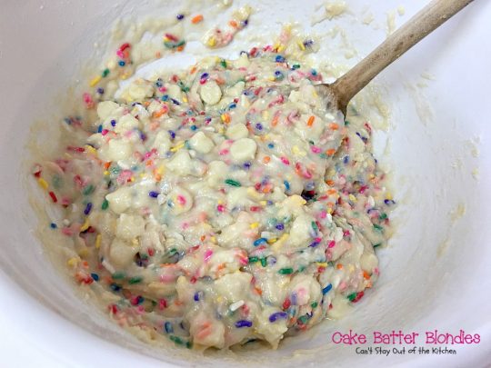 Cake Batter Blondies | Can't Stay Out of the Kitchen | the most awesome blondies ever! These are filled with #whitechocolatechips & #rainbowsprinkles for a heavenly taste you'll be drooling over! #chocolate #dessert