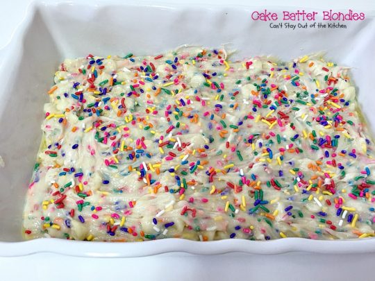 Cake Batter Blondies | Can't Stay Out of the Kitchen | the most awesome blondies ever! These are filled with #whitechocolatechips & #rainbowsprinkles for a heavenly taste you'll be drooling over! #chocolate #dessert