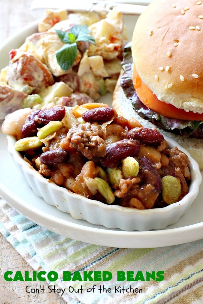 Calico Baked Beans | Can't Stay Out of the Kitchen | these #BakedBeans are heavenly & one of my most requested #recipes! They use 4 kinds of beans, #bacon & #GroundBeef. Wonderful for potlucks, backyard BBQs or grilling out with friends. #casserole #SideDish #CalicoBakedBeans #Holiday #HolidaySideDish #MemorialDay #FourthOfJuly #LaborDay