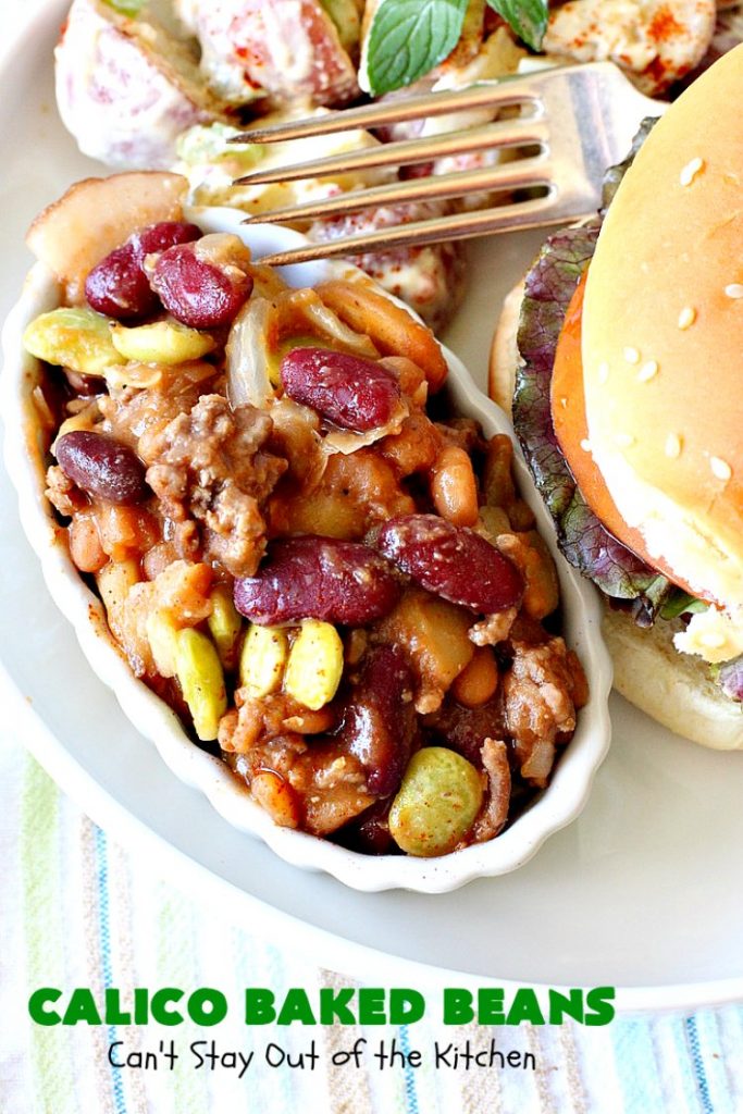 Calico Baked Beans | Can't Stay Out of the Kitchen | these #BakedBeans are heavenly & one of my most requested #recipes! They use 4 kinds of beans, #bacon & #GroundBeef. Wonderful for potlucks, backyard BBQs or grilling out with friends. #casserole #SideDish #CalicoBakedBeans #Holiday #HolidaySideDish #MemorialDay #FourthOfJuly #LaborDay