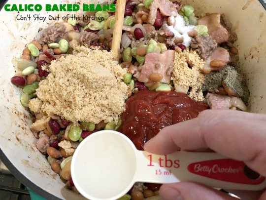 Calico Baked Beans | Can't Stay Out of the Kitchen | these #BakedBeans are heavenly & one of my most requested #recipes! They use 4 kinds of beans, #bacon & #GroundBeef. Wonderful for potlucks, backyard BBQs or grilling out with friends. #casserole #SideDish #CalicoBakedBeans #Holiday #HolidaySideDish #MemorialDay #FourthOfJuly #LaborDay