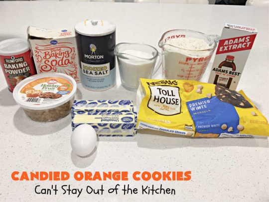 Candied Orange Cookies | Can't Stay Out of the Kitchen | these delightful #cookies are made with vanilla chips & #CandiedOrangePeel. They're festive & beautiful enough for any #holiday party or #ChristmasCookieExchange. #dessert #ParadiseFruitCompany #HolidayDessert #ParadiseCandiedFruit #OrangeDessert #CandiedOrangeCookies