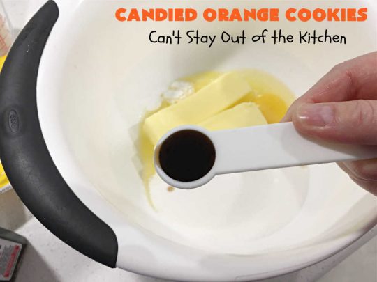Candied Orange Cookies | Can't Stay Out of the Kitchen | these delightful #cookies are made with vanilla chips & #CandiedOrangePeel. They're festive & beautiful enough for any #holiday party or #ChristmasCookieExchange. #dessert #ParadiseFruitCompany #HolidayDessert #ParadiseCandiedFruit #OrangeDessert #CandiedOrangeCookies