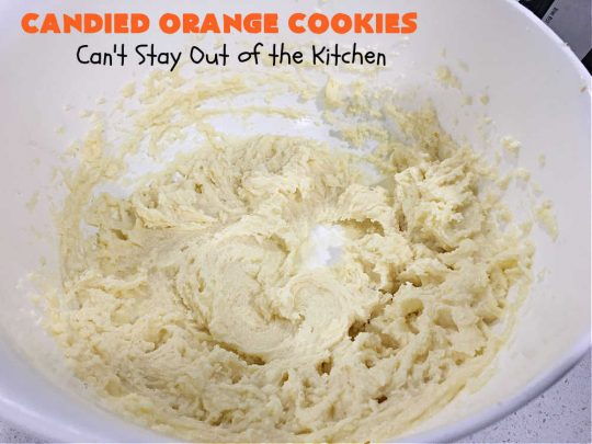 Candied Orange Cookies | Can't Stay Out of the Kitchen | these delightful #cookies are made with vanilla chips & #CandiedOrangePeel. They're festive & beautiful enough for any #holiday party or #ChristmasCookieExchange. #dessert #ParadiseFruitCompany #HolidayDessert #ParadiseCandiedFruit #OrangeDessert #CandiedOrangeCookies