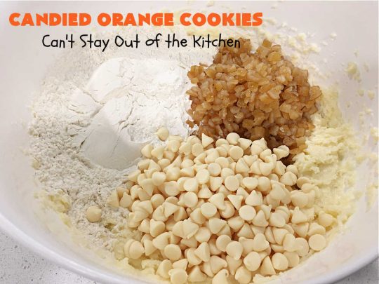 Candied Orange Cookies | Can't Stay Out of the Kitchen | these delightful #cookies are made with vanilla chips & #CandiedOrangePeel. They're festive & beautiful enough for any #holiday party or #ChristmasCookieExchange. #dessert #ParadiseFruitCompany #HolidayDessert #ParadiseCandiedFruit #OrangeDessert #CandiedOrangeCookies