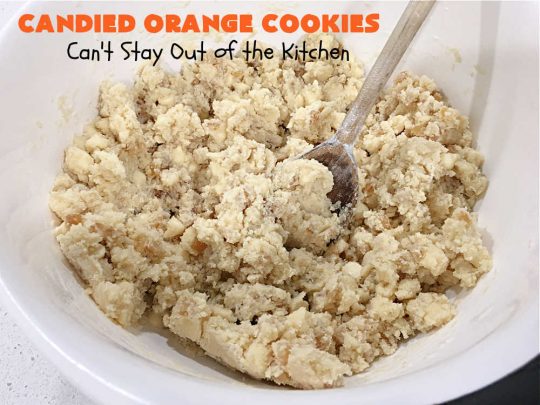 Candied Orange Cookies | Can't Stay Out of the Kitchen | these delightful #cookies are made with vanilla chips & #CandiedOrangePeel. They're festive & beautiful enough for any #holiday party or #ChristmasCookieExchange. #dessert #ParadiseFruitCompany #HolidayDessert #ParadiseCandiedFruit #OrangeDessert #CandiedOrangeCookies