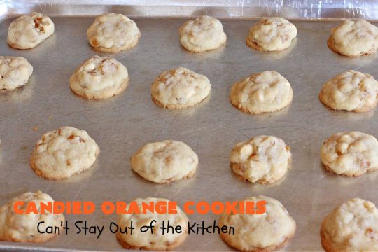 Candied Orange Cookies | Can't Stay Out of the Kitchen | these delightful #cookies are made with vanilla chips & #CandiedOrangePeel. They're festive & beautiful enough for any #holiday party or #ChristmasCookieExchange. #dessert #ParadiseFruitCompany #HolidayDessert #ParadiseCandiedFruit #OrangeDessert #CandiedOrangeCookies