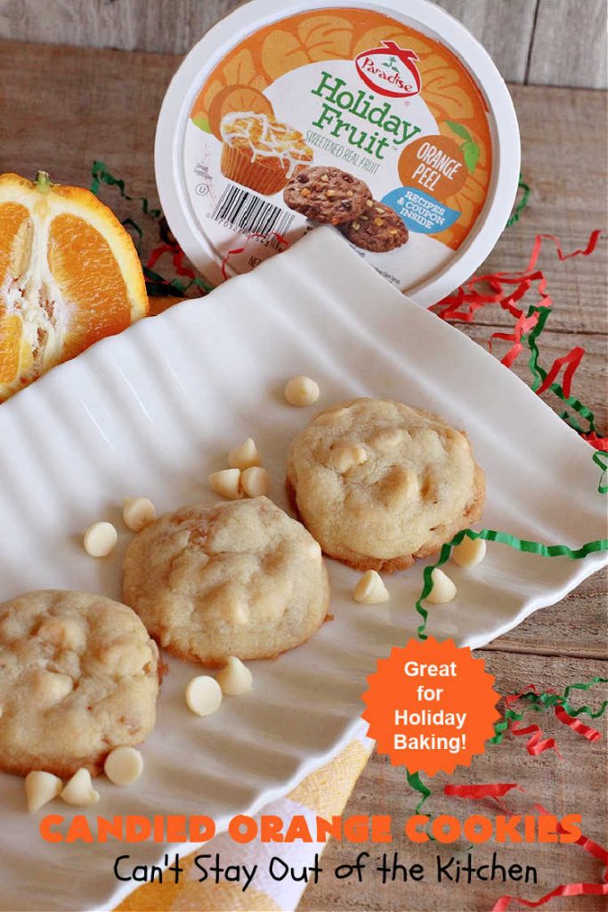 Candied Orange Cookies | Can't Stay Out of the Kitchen | these delightful #cookies are made with vanilla chips & #CandiedOrangePeel. They're festive & beautiful enough for any #holiday party or #ChristmasCookieExchange. #dessert #ParadiseFruitCompany #HolidayDessert #ParadiseCandiedFruit #OrangeDessert #CandiedOrangeCookies