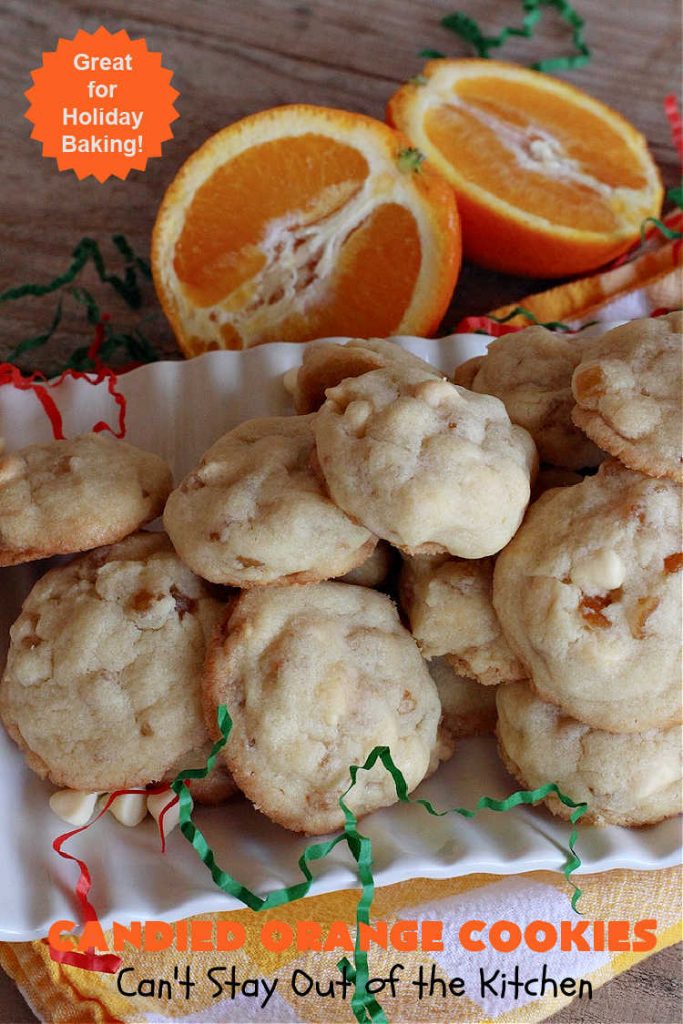 Candied Orange Cookies | Can't Stay Out of the Kitchen | these delightful #cookies are made with vanilla chips & #CandiedOrangePeel. They're festive & beautiful enough for any #holiday party or #ChristmasCookieExchange. #dessert #ParadiseFruitCompany #HolidayDessert #ParadiseCandiedFruit #OrangeDessert #CandiedOrangeCookies