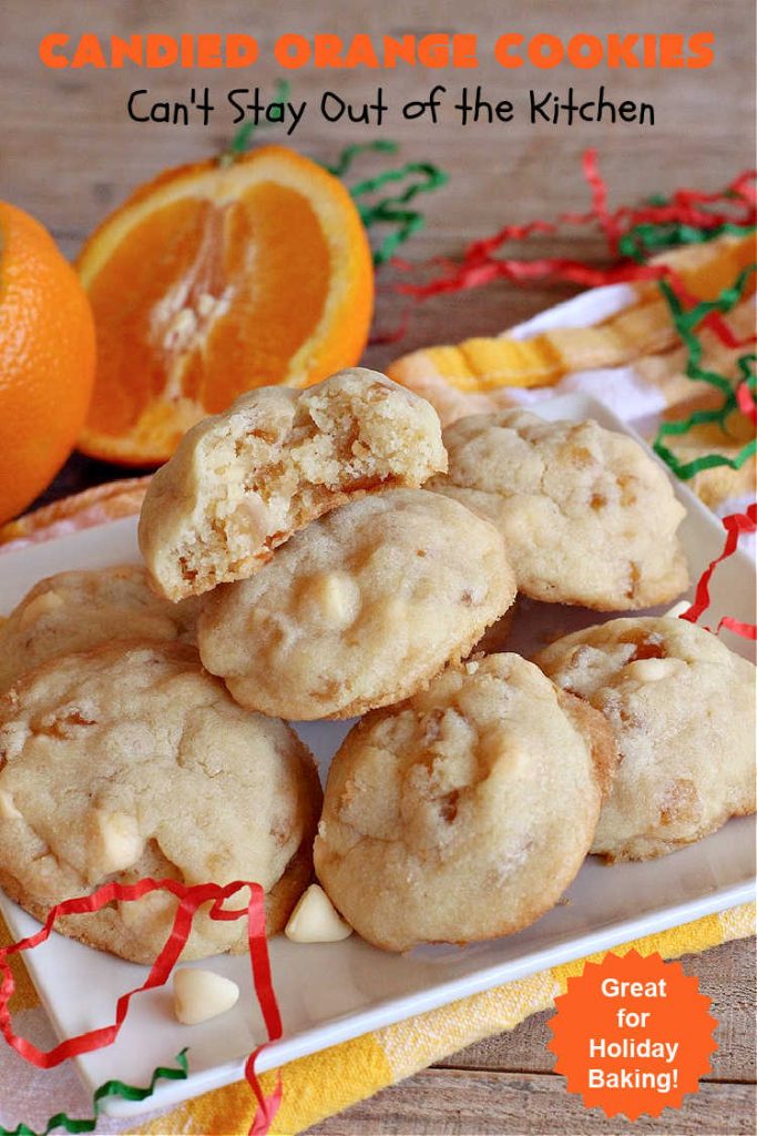 Candied Orange Cookies | Can't Stay Out of the Kitchen | these delightful #cookies are made with vanilla chips & #CandiedOrangePeel. They're festive & beautiful enough for any #holiday party or #ChristmasCookieExchange. #dessert #ParadiseFruitCompany #HolidayDessert #ParadiseCandiedFruit #OrangeDessert #CandiedOrangeCookies