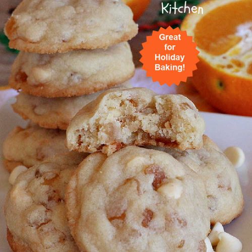 Candied Orange Cookies | Can't Stay Out of the Kitchen | these delightful #cookies are made with vanilla chips & #CandiedOrangePeel. They're festive & beautiful enough for any #holiday party or #ChristmasCookieExchange. #dessert #ParadiseFruitCompany #HolidayDessert #ParadiseCandiedFruit #OrangeDessert #CandiedOrangeCookies