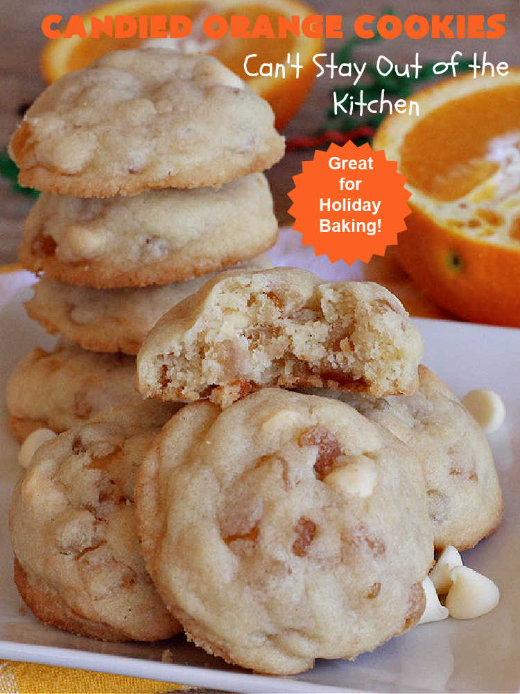 Candied Orange Cookies | Can't Stay Out of the Kitchen | these delightful #cookies are made with vanilla chips & #CandiedOrangePeel. They're festive & beautiful enough for any #holiday party or #ChristmasCookieExchange. #dessert #ParadiseFruitCompany #HolidayDessert #ParadiseCandiedFruit #OrangeDessert #CandiedOrangeCookies