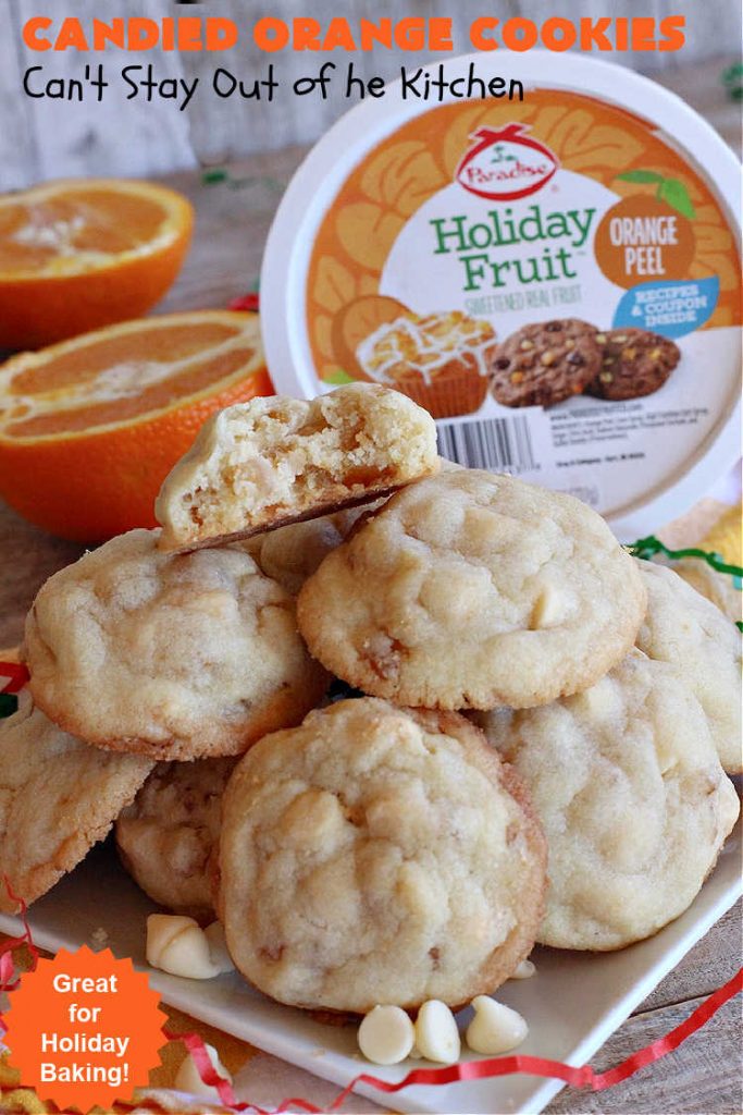 Candied Orange Cookies | Can't Stay Out of the Kitchen | these delightful #cookies are made with vanilla chips & #CandiedOrangePeel. They're festive & beautiful enough for any #holiday party or #ChristmasCookieExchange. #dessert #ParadiseFruitCompany #HolidayDessert #ParadiseCandiedFruit #OrangeDessert #CandiedOrangeCookies