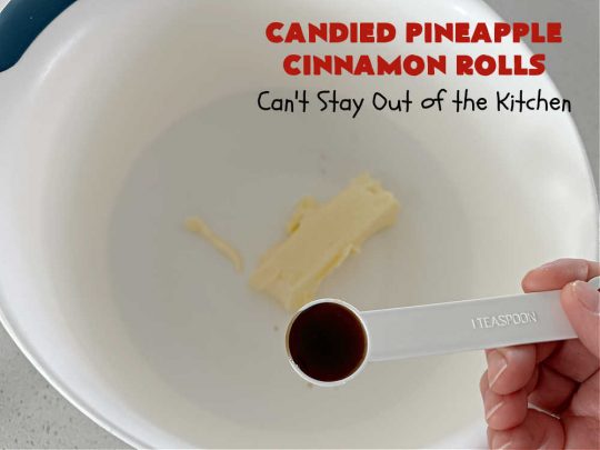 Candied Pineapple Cinnamon Rolls | Can't Stay Out of the Kitchen | These luscious #CinnamonRolls include #CandiedPineapple & they're iced with a thick, drool-worthy #buttercream icing. Every bite will rock your world! Enjoy for a #holiday #breakfast or #brunch. #Thanksgiving #Christmas #ParadiseFruit #pineapple #SweetRolls #HolidayBreakfast