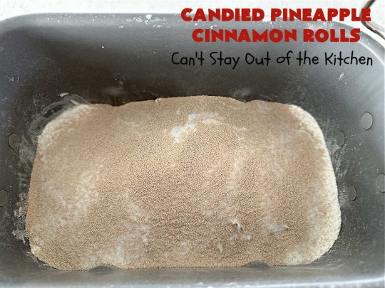 Candied Pineapple Cinnamon Rolls | Can't Stay Out of the Kitchen | These luscious #CinnamonRolls include #CandiedPineapple & they're iced with a thick, drool-worthy #buttercream icing. Every bite will rock your world! Enjoy for a #holiday #breakfast or #brunch. #Thanksgiving #Christmas #ParadiseFruit #pineapple #SweetRolls #HolidayBreakfast