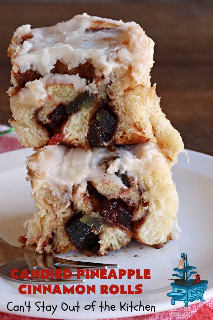 Candied Pineapple Cinnamon Rolls | Can't Stay Out of the Kitchen | These luscious #CinnamonRolls include #CandiedPineapple & they're iced with a thick, drool-worthy #buttercream icing. Every bite will rock your world! Enjoy for a #holiday #breakfast or #brunch. #Thanksgiving #Christmas #ParadiseFruit #pineapple #SweetRolls #HolidayBreakfast