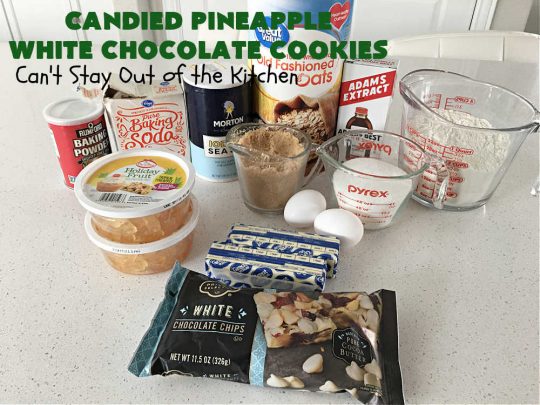 Candied Pineapple White Chocolate Cookies | these delightful #OatmealCookies include #CandiedPineapple & #WhiteChocolateChips for a robust flavor that will knock your socks off! Terrific for #holiday or #tailgating parties or a #ChristmasCookieExchange. #cookies #ParadiseCandiedFruit #chocolate #ParadiseFruitCompany #pineapple #holiday #dessert #HolidayDessert #HolidayBaking #Christmas #Thanksgiving #NewYearsDay #CandiedPineappleWhiteChocolateCookies