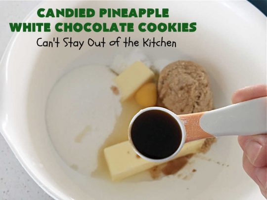 Candied Pineapple White Chocolate Cookies | these delightful #OatmealCookies include #CandiedPineapple & #WhiteChocolateChips for a robust flavor that will knock your socks off! Terrific for #holiday or #tailgating parties or a #ChristmasCookieExchange. #cookies #ParadiseCandiedFruit #chocolate #ParadiseFruitCompany #pineapple #holiday #dessert #HolidayDessert #HolidayBaking #Christmas #Thanksgiving #NewYearsDay #CandiedPineappleWhiteChocolateCookies