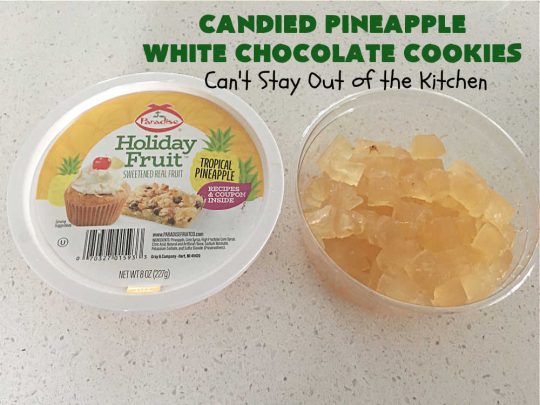 Candied Pineapple White Chocolate Cookies | these delightful #OatmealCookies include #CandiedPineapple & #WhiteChocolateChips for a robust flavor that will knock your socks off! Terrific for #holiday or #tailgating parties or a #ChristmasCookieExchange. #cookies #ParadiseCandiedFruit #chocolate #ParadiseFruitCompany #pineapple #holiday #dessert #HolidayDessert #HolidayBaking #Christmas #Thanksgiving #NewYearsDay #CandiedPineappleWhiteChocolateCookies
