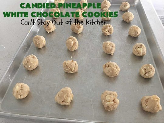 Candied Pineapple White Chocolate Cookies | these delightful #OatmealCookies include #CandiedPineapple & #WhiteChocolateChips for a robust flavor that will knock your socks off! Terrific for #holiday or #tailgating parties or a #ChristmasCookieExchange. #cookies #ParadiseCandiedFruit #chocolate #ParadiseFruitCompany #pineapple #holiday #dessert #HolidayDessert #HolidayBaking #Christmas #Thanksgiving #NewYearsDay #CandiedPineappleWhiteChocolateCookies