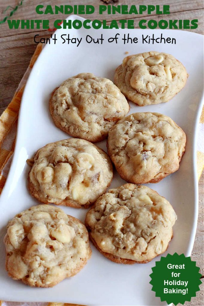 Candied Pineapple White Chocolate Cookies | these delightful #OatmealCookies include #CandiedPineapple & #WhiteChocolateChips for a robust flavor that will knock your socks off! Terrific for #holiday or #tailgating parties or a #ChristmasCookieExchange. #cookies #ParadiseCandiedFruit #chocolate #ParadiseFruitCompany #pineapple #holiday #dessert #HolidayDessert #HolidayBaking #Christmas #Thanksgiving #NewYearsDay #CandiedPineappleWhiteChocolateCookies