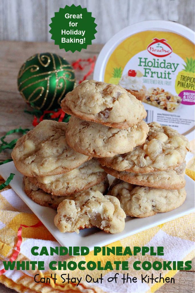 Candied Pineapple White Chocolate Cookies | these delightful #OatmealCookies include #CandiedPineapple & #WhiteChocolateChips for a robust flavor that will knock your socks off! Terrific for #holiday or #tailgating parties or a #ChristmasCookieExchange. #cookies #ParadiseCandiedFruit #chocolate #ParadiseFruitCompany #pineapple #holiday #dessert #HolidayDessert #HolidayBaking #Christmas #Thanksgiving #NewYearsDay #CandiedPineappleWhiteChocolateCookies