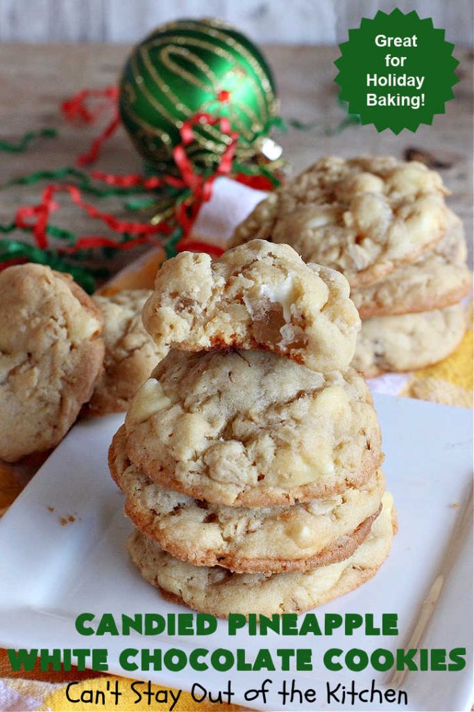 Candied Pineapple White Chocolate Cookies | these delightful #OatmealCookies include #CandiedPineapple & #WhiteChocolateChips for a robust flavor that will knock your socks off! Terrific for #holiday or #tailgating parties or a #ChristmasCookieExchange. #cookies #ParadiseCandiedFruit #chocolate #ParadiseFruitCompany #pineapple #holiday #dessert #HolidayDessert #HolidayBaking #Christmas #Thanksgiving #NewYearsDay #CandiedPineappleWhiteChocolateCookies