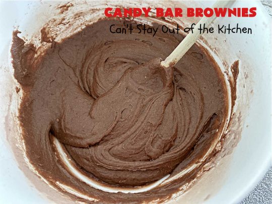 Candy Bar Brownies | Can't Stay Out of the Kitchen | these scrumptious #brownies are filled with #SnickersBars & #HersheysChocolateBars so they have triple the #chocolate flavor. Rich, decadent & heavenly, these #CandyBarBrownies will rock your world! You'll be swooning over every delicious bite! #tailgating #ChocolateDessert #SnickersDessert #HersheysDessert #Hersheys #CandyBars