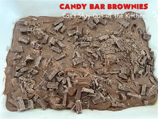 Candy Bar Brownies | Can't Stay Out of the Kitchen | these scrumptious #brownies are filled with #SnickersBars & #HersheysChocolateBars so they have triple the #chocolate flavor. Rich, decadent & heavenly, these #CandyBarBrownies will rock your world! You'll be swooning over every delicious bite! #tailgating #ChocolateDessert #SnickersDessert #HersheysDessert #Hersheys #CandyBars