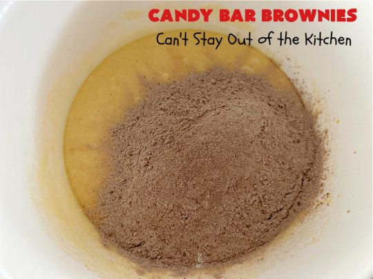 Candy Bar Brownies | Can't Stay Out of the Kitchen | these scrumptious #brownies are filled with #SnickersBars & #HersheysChocolateBars so they have triple the #chocolate flavor. Rich, decadent & heavenly, these #CandyBarBrownies will rock your world! You'll be swooning over every delicious bite! #tailgating #ChocolateDessert #SnickersDessert #HersheysDessert #Hersheys #CandyBars
