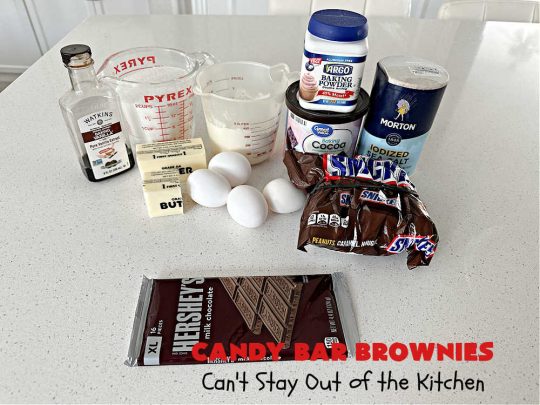 Candy Bar Brownies | Can't Stay Out of the Kitchen | these scrumptious #brownies are filled with #SnickersBars & #HersheysChocolateBars so they have triple the #chocolate flavor. Rich, decadent & heavenly, these #CandyBarBrownies will rock your world! You'll be swooning over every delicious bite! #tailgating #ChocolateDessert #SnickersDessert #HersheysDessert #Hersheys #CandyBars