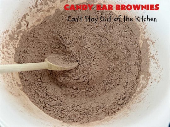 Candy Bar Brownies | Can't Stay Out of the Kitchen | these scrumptious #brownies are filled with #SnickersBars & #HersheysChocolateBars so they have triple the #chocolate flavor. Rich, decadent & heavenly, these #CandyBarBrownies will rock your world! You'll be swooning over every delicious bite! #tailgating #ChocolateDessert #SnickersDessert #HersheysDessert #Hersheys #CandyBars